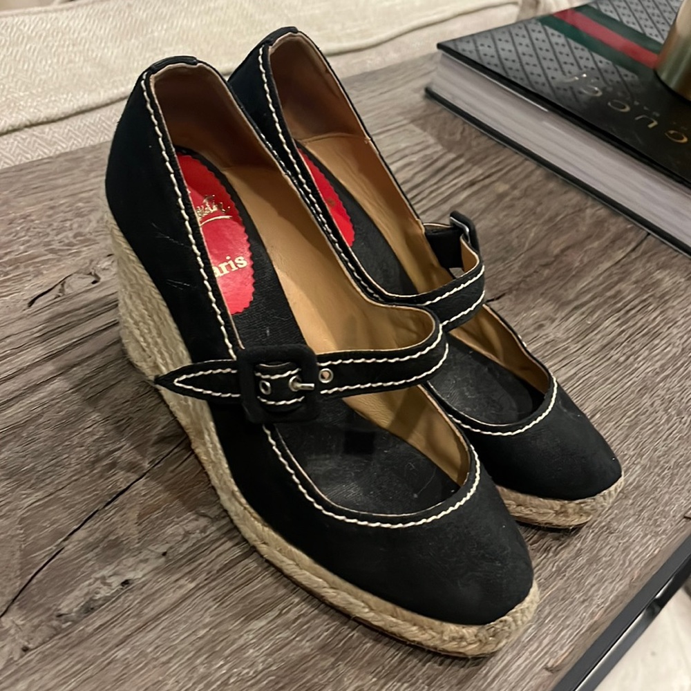 Christian Louboutin Black Espadrille Wedge Mary Jane